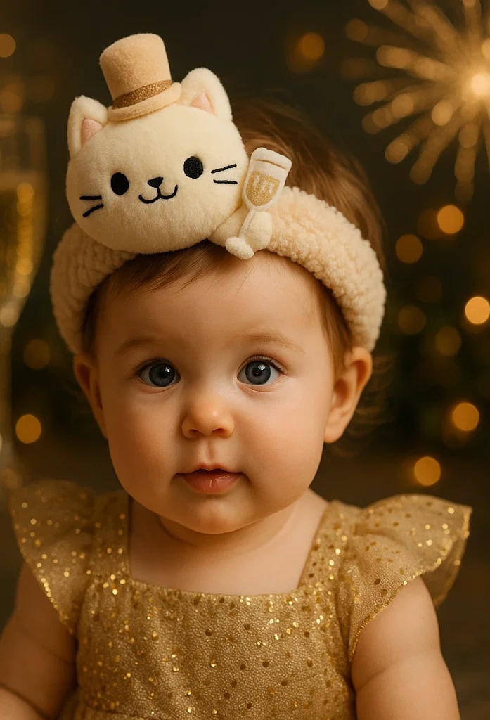 Cheerful Bear Baby Headband with Hot Drink – A Cozy Touch for Winter Photos