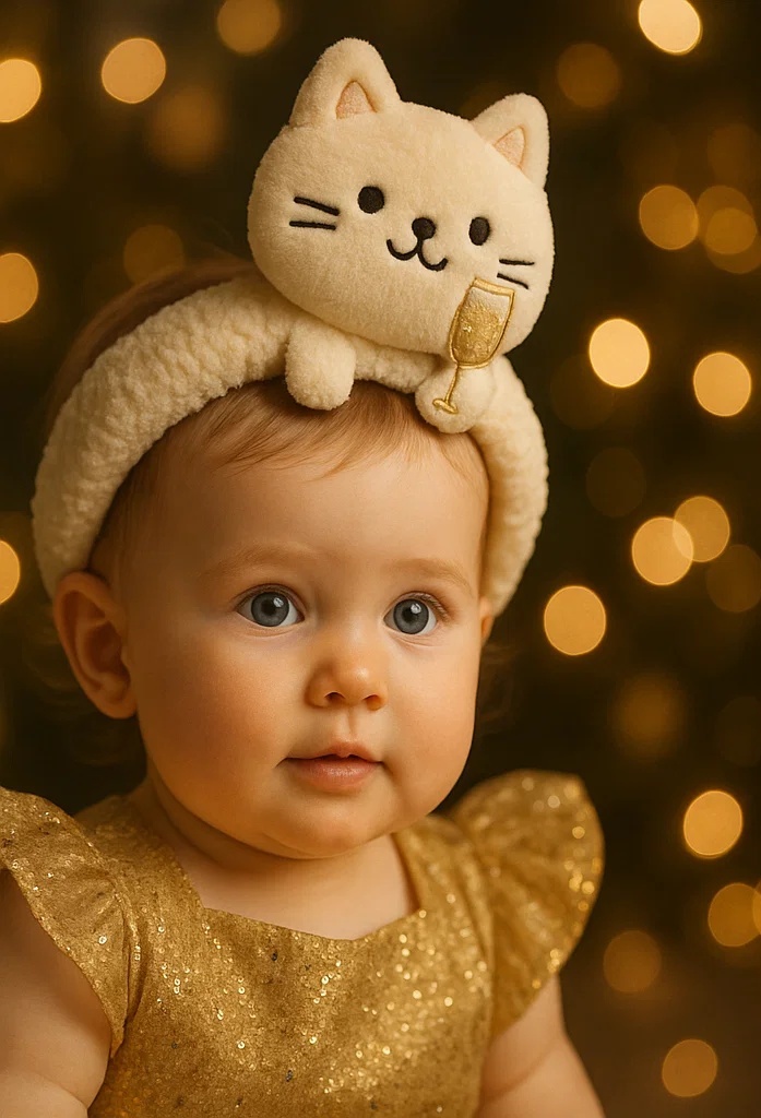 Charming Cat Baby Headband with Champagne – Ideal for New Year’s Celebration Photoshoots