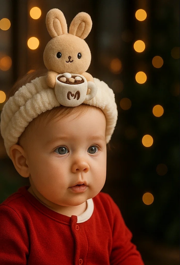 Delightful Bear Baby Headband with Hot Chocolate Cup – Perfect for Holiday Photos