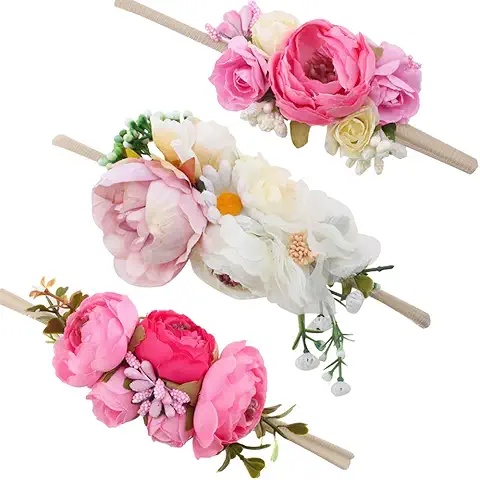 3-Pack 3D Floral Baby Headbands – Realistic Rose & Peony Hair Accessories for Photoshoots