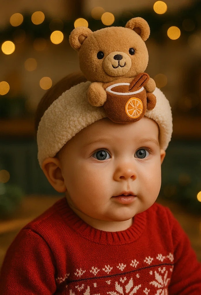Cinnamon Bear Headband with Orange Drink – Ideal for Festive Baby Photos!
