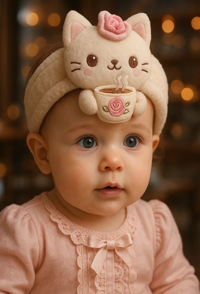 Cute Cat Headband with Tea – A Sweet Addition to Your Baby's Photos!