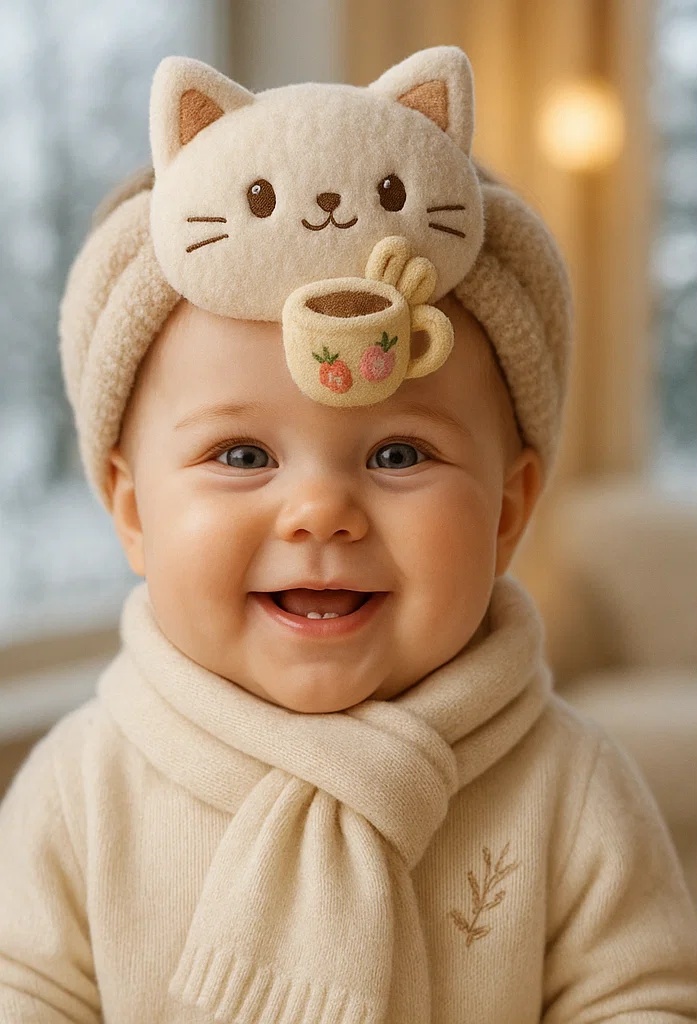 Cute Cat Headband with Coffee – Adorable and Cozy Baby Headband for Photos!