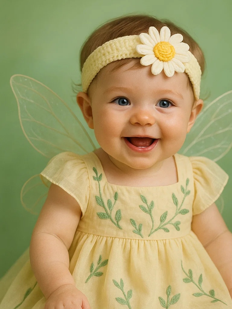 Conjunto fotográfico para bebê com margarida – tiara e vestido adoráveis