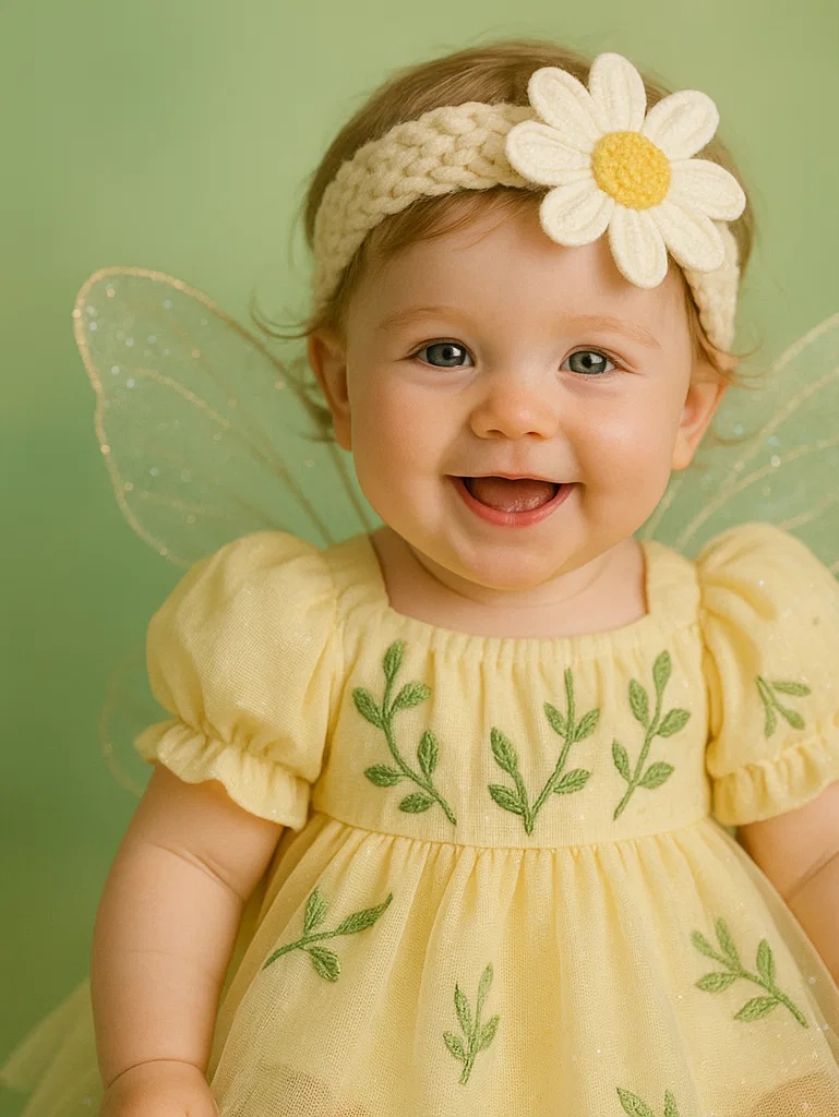 Set foto pentru bebeluși cu margarete – bentiță și rochiță drăguță