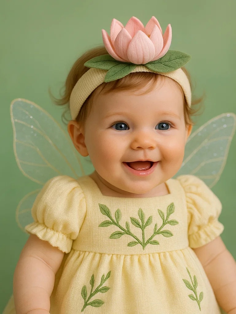 Beebi lillemotiiviga fotosessiooni komplekt – peapael ja tiibadega kleit