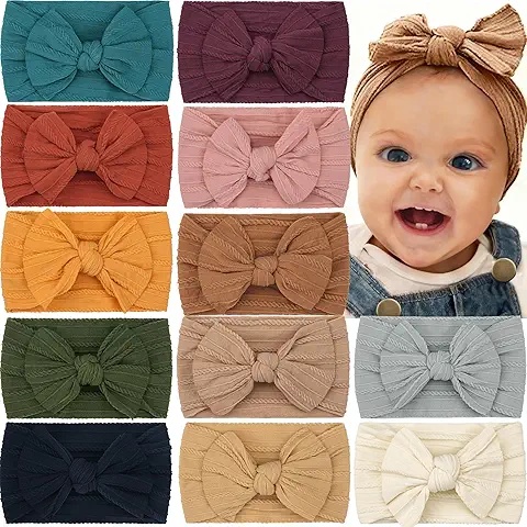 12-Pack Soft Cotton Baby Bow Headbands – Multi-Color Stretchy Hairbands for Infant Girls