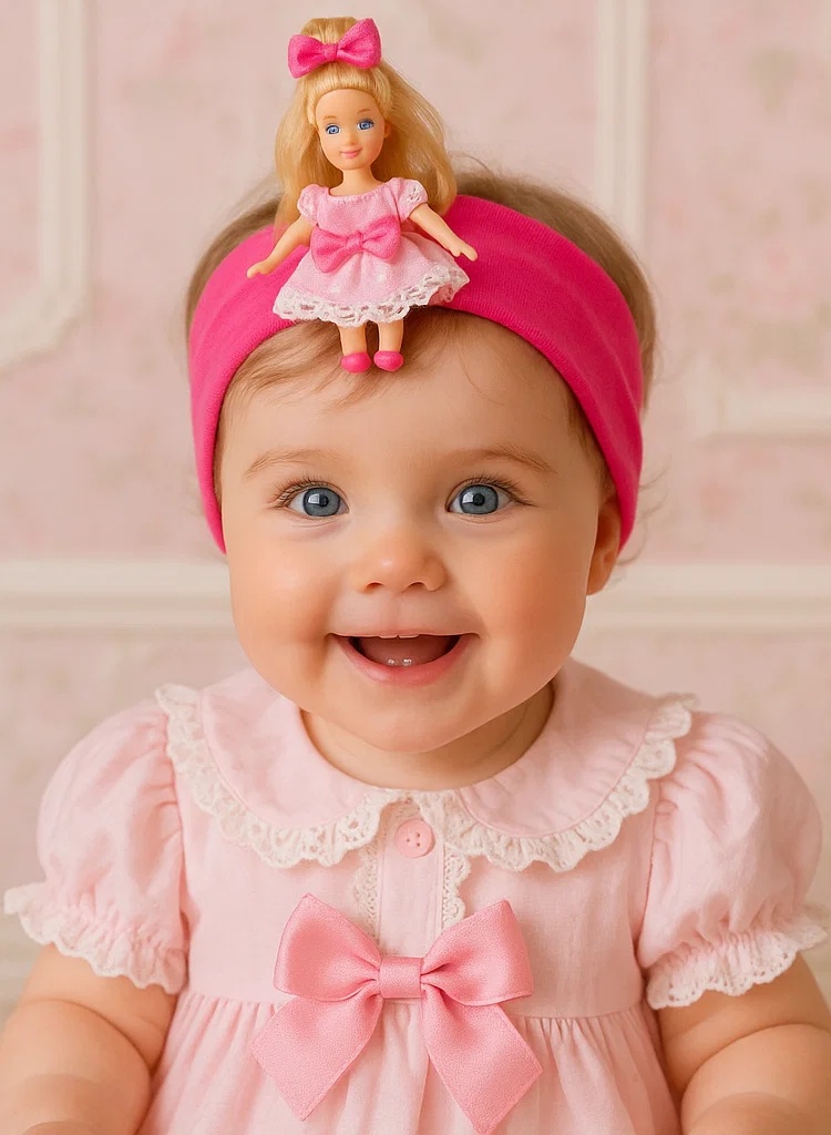 Cute Doll Headband for Babies with Pink Bow – Soft and Comfortable for Photos