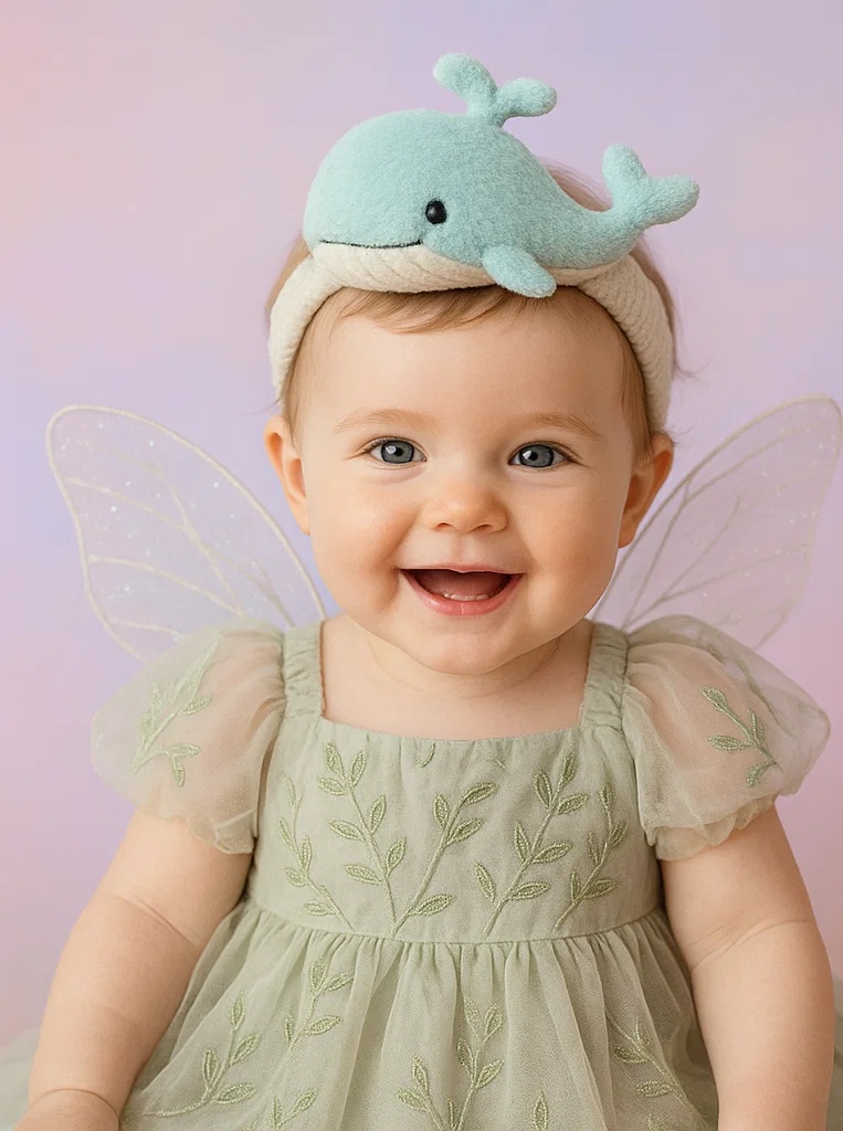 Mint Whale Plush Baby Headband with Soft Elastic Band
