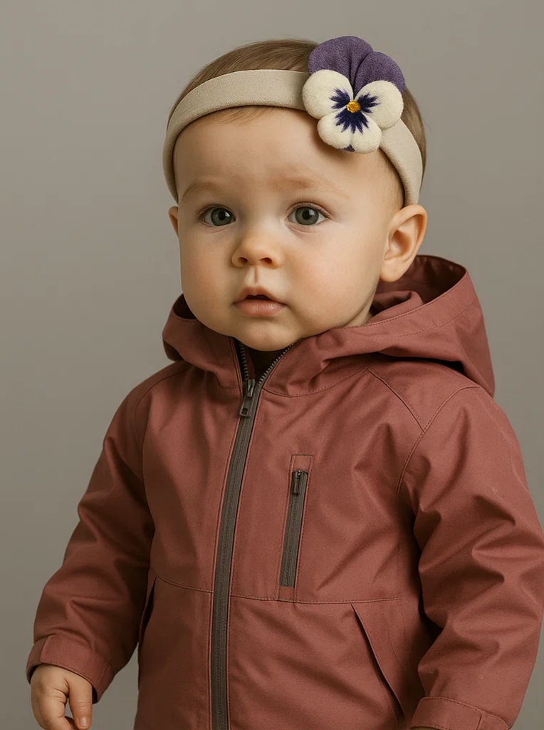 Cute Doll Flower Baby Headband – Soft Beige with Purple Blossom