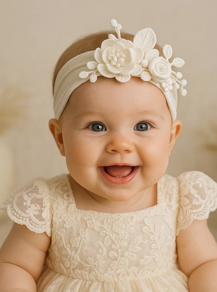 White Peony Flower Baby Headband – Elegant Floral Headband for Girls