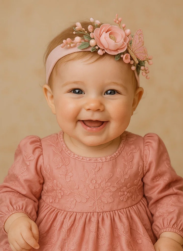 Pink Floral Baby Headband – Plush Doll and Embroidered Flower for Girls