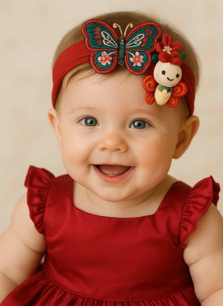 Cinta de bebé roja desmontable con bordado floral y mariposa de peluche – Accesorio de cabello elástico hecho a mano