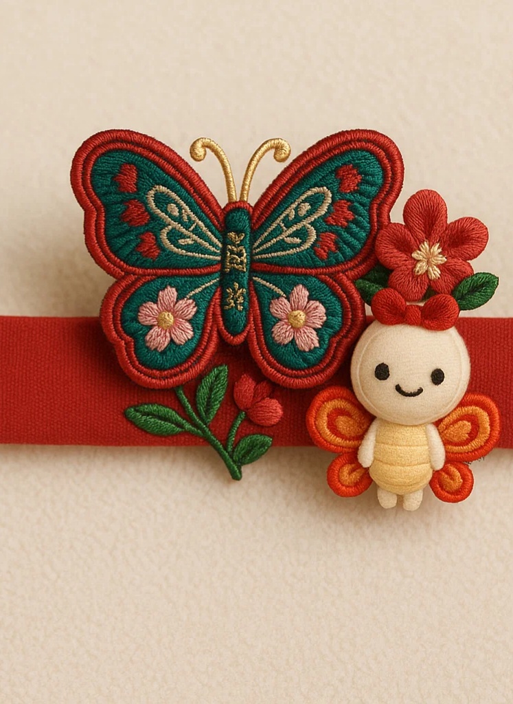 Cinta de bebé roja desmontable con bordado floral y mariposa de peluche – Accesorio de cabello elástico hecho a mano