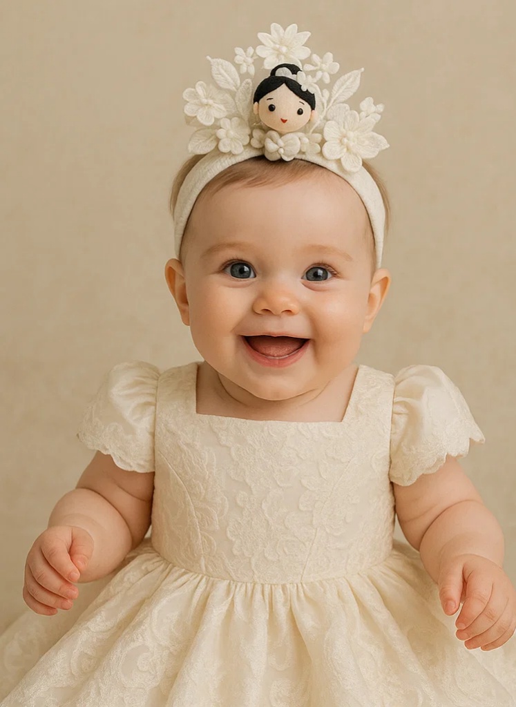 White Chinese Style Handmade Baby Headband with Detachable Floral Doll