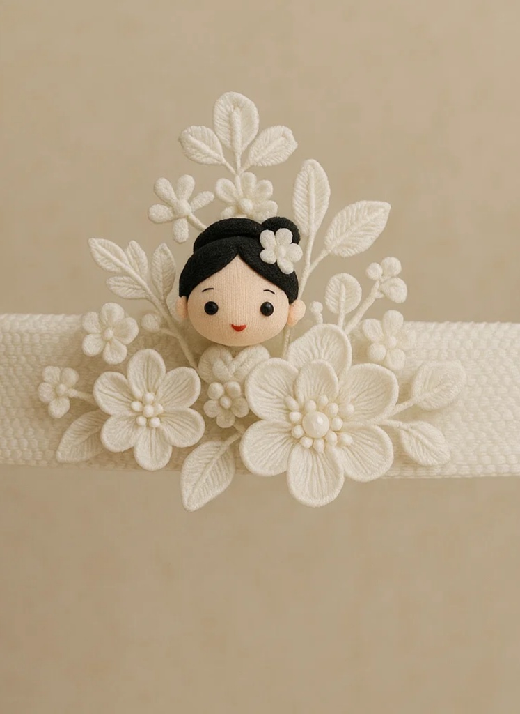 White Chinese Style Handmade Baby Headband with Detachable Floral Doll