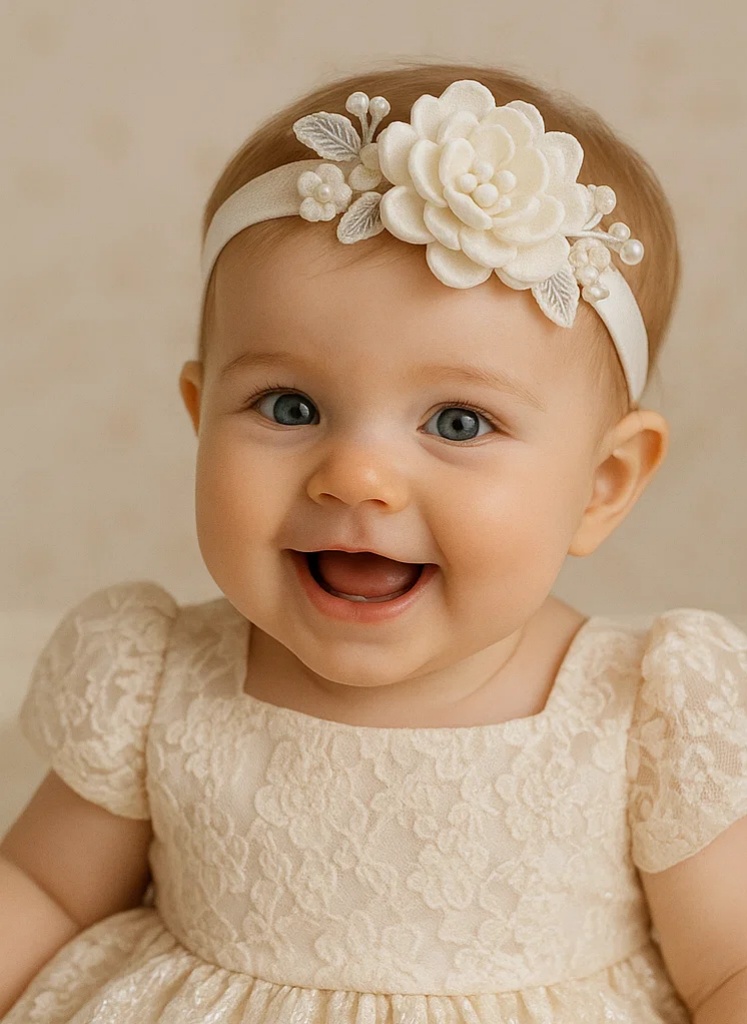 White Embroidered Floral Baby Headband – Handmade Detachable Elastic Hair Accessory