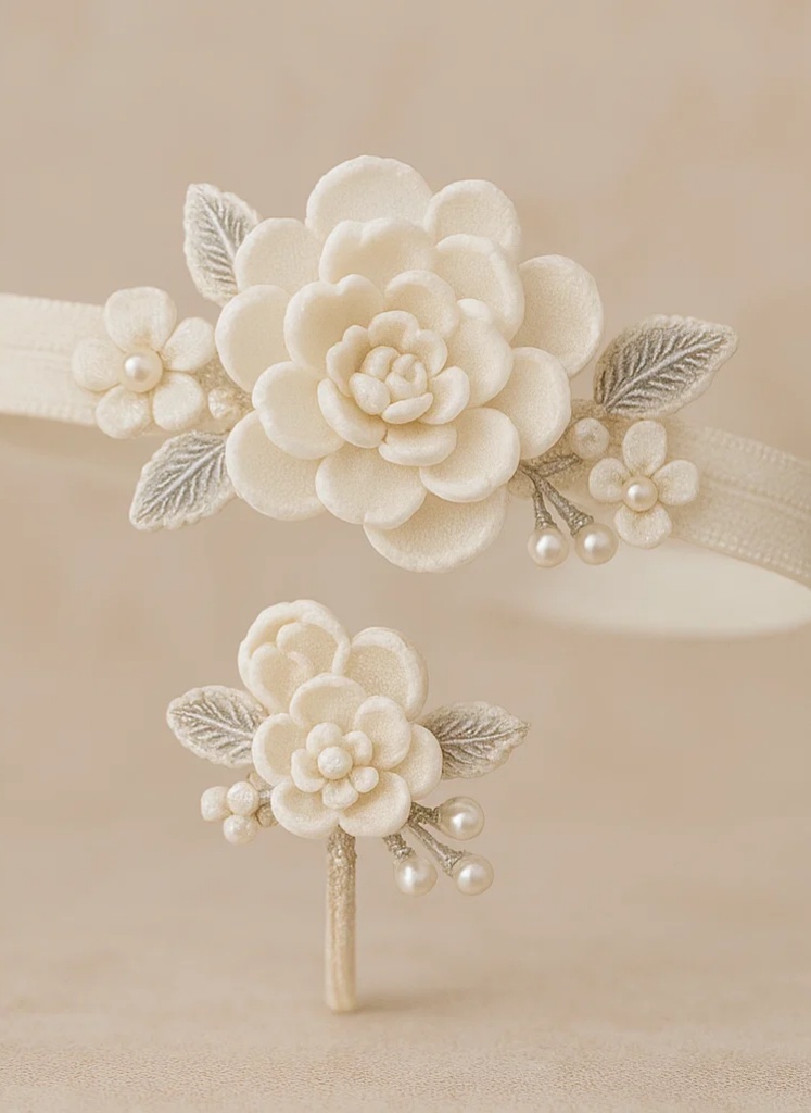 White Embroidered Floral Baby Headband – Handmade Detachable Elastic Hair Accessory