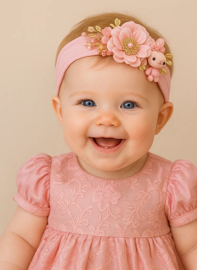 Pink Bunny Floral Baby Headband – Plush Doll and Embroidered Flower for Girls