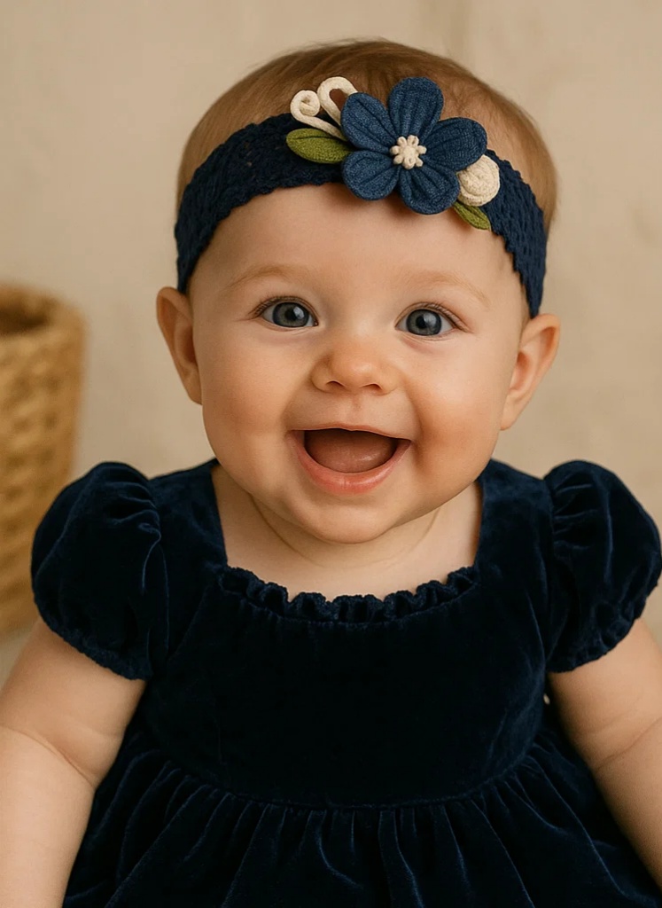 ブルーの花柄刺繍ベビーヘアバンド – 女の子用ソフトプラッシュフラワーアクセサリー