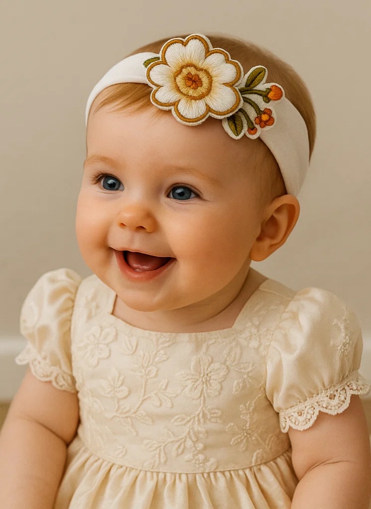 White Removable Classical Floral Embroidered Handmade Plush Baby Headband