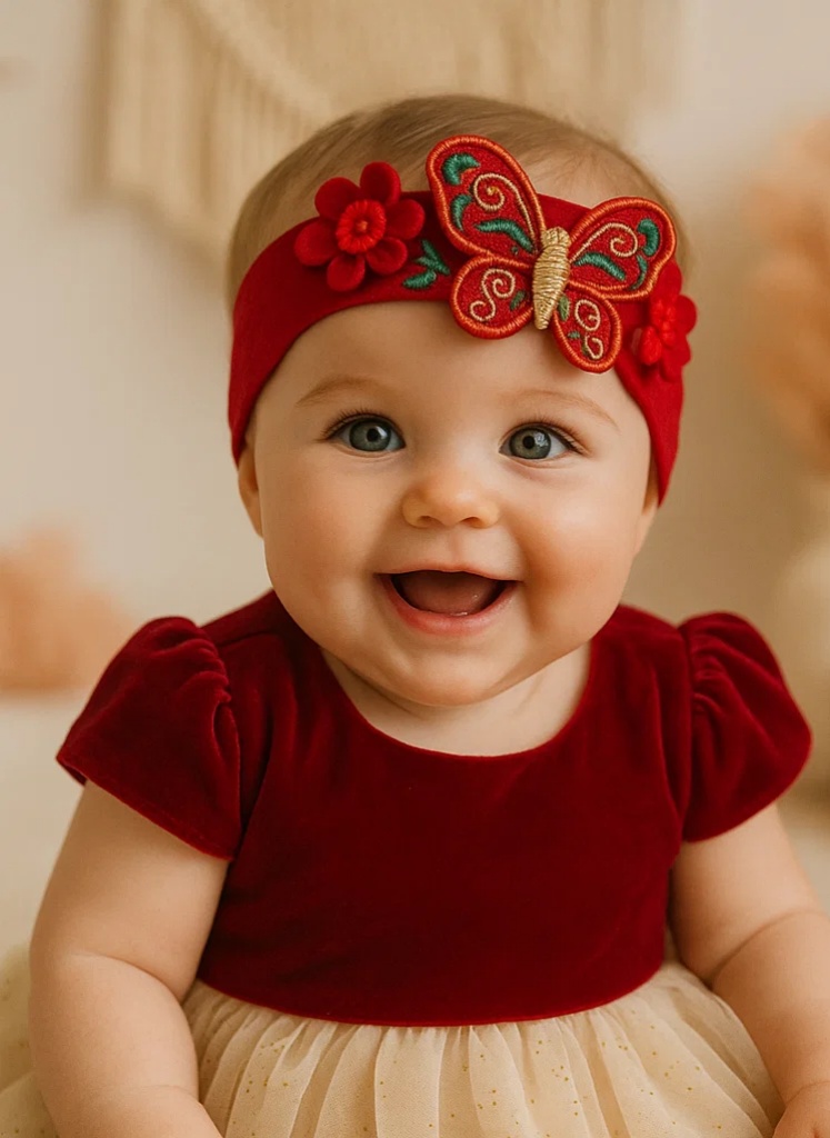Abnehmbares rotes Baby-Stirnband mit Blumenstickerei und Plüschschmetterling – Handgefertigtes elastisches Haarschmuckstück