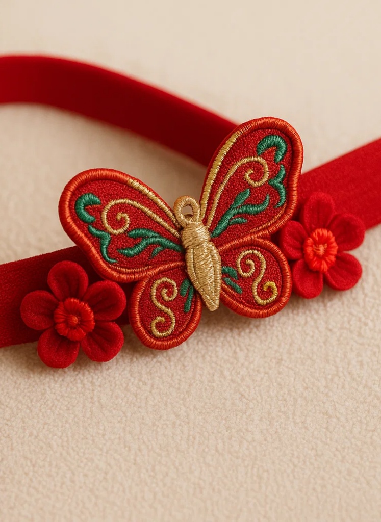 Abnehmbares rotes Baby-Stirnband mit Blumenstickerei und Plüschschmetterling – Handgefertigtes elastisches Haarschmuckstück
