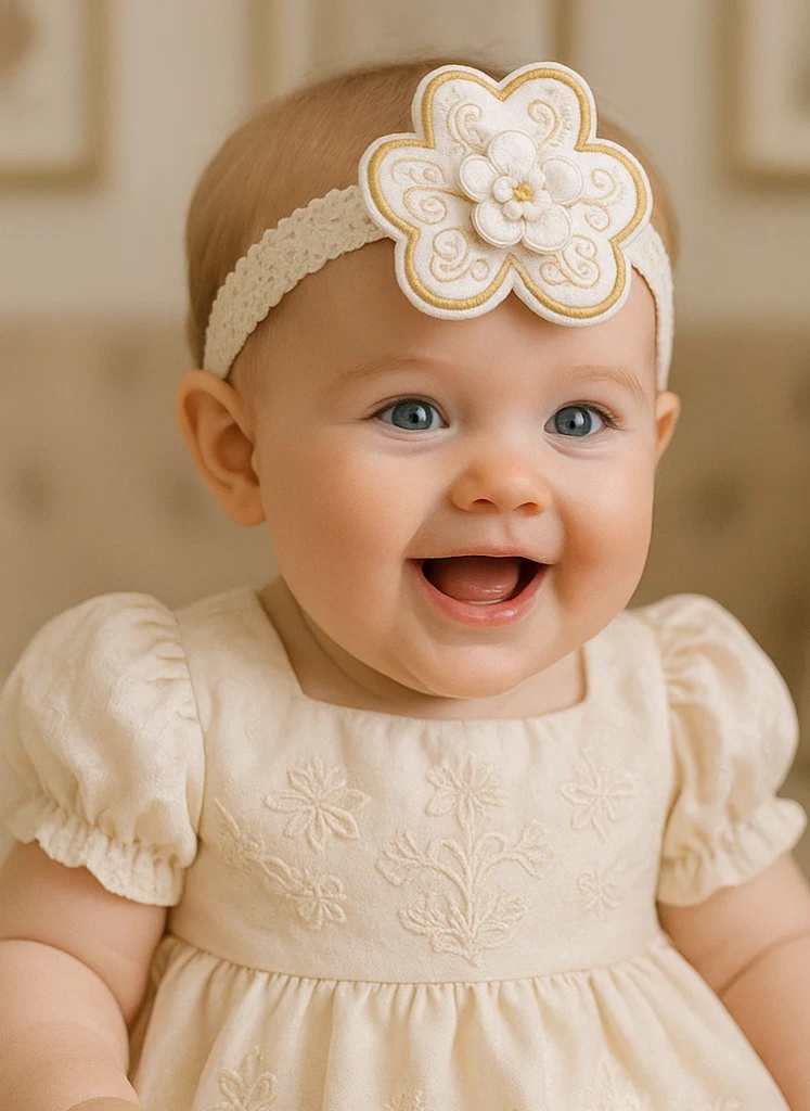 White Detachable Floral Embroidered Handmade Baby Plush Headband