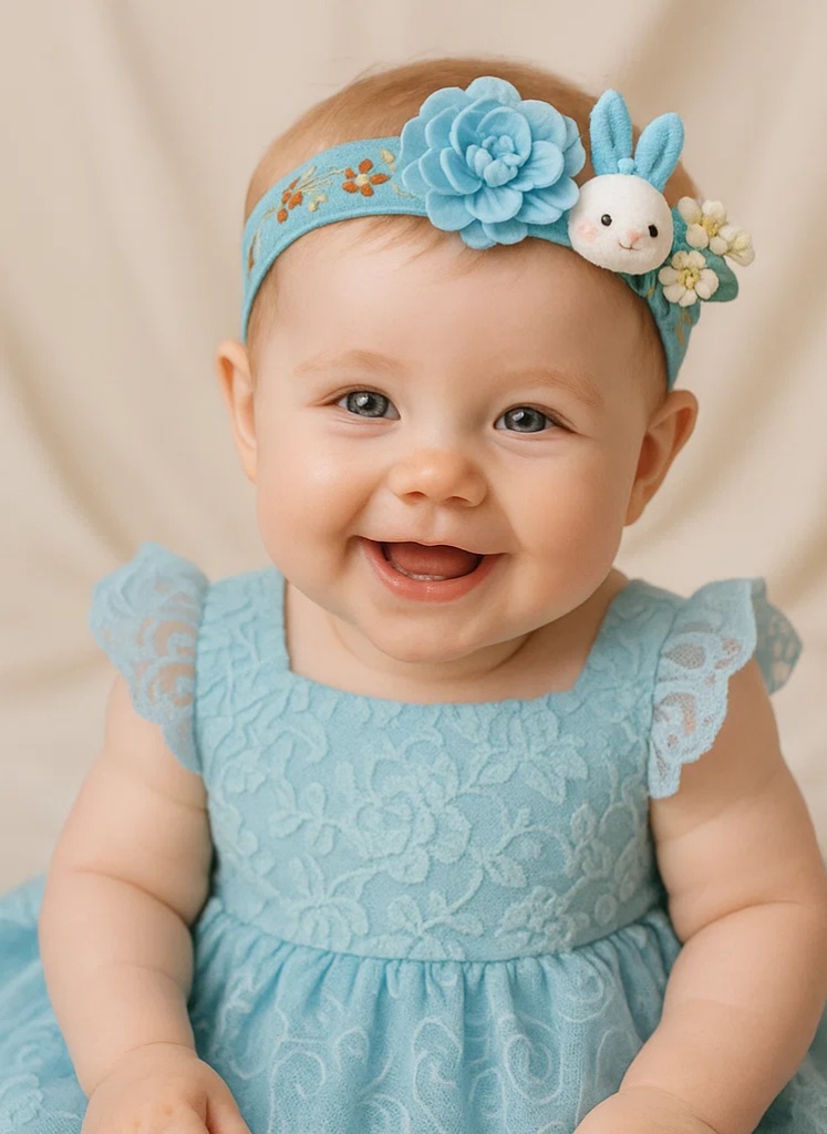 Faixa de Cabelo Azul Bordada com Flores para Bebê – Acessório de Flor de Pelúcia Macia para Meninas