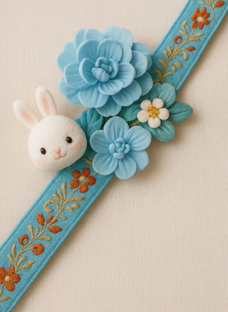 Faixa de Cabelo Azul Bordada com Flores para Bebê – Acessório de Flor de Pelúcia Macia para Meninas