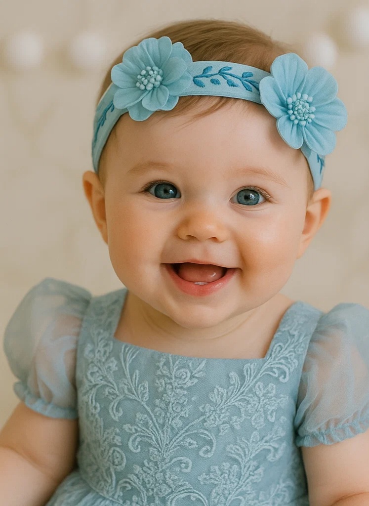 Blaues besticktes Baby-Stirnband mit Blumen – Weiches Plüschblumen-Accessoire für Mädchen