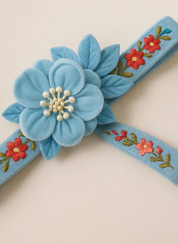 Blue Floral Embroidered Baby Headband – Soft Plush Flower Accessory for Girls