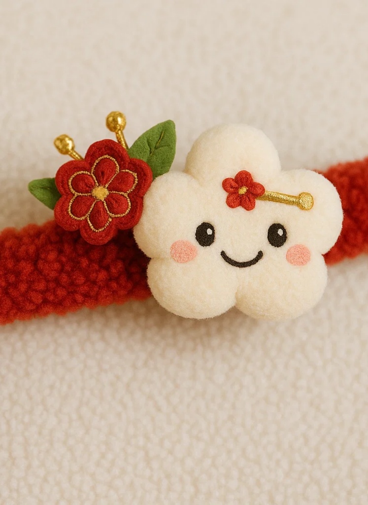 Handmade Plush Cloud Baby Headband with Detachable Floral Accents – Soft Red Elastic Chinese Style Hair Accessory