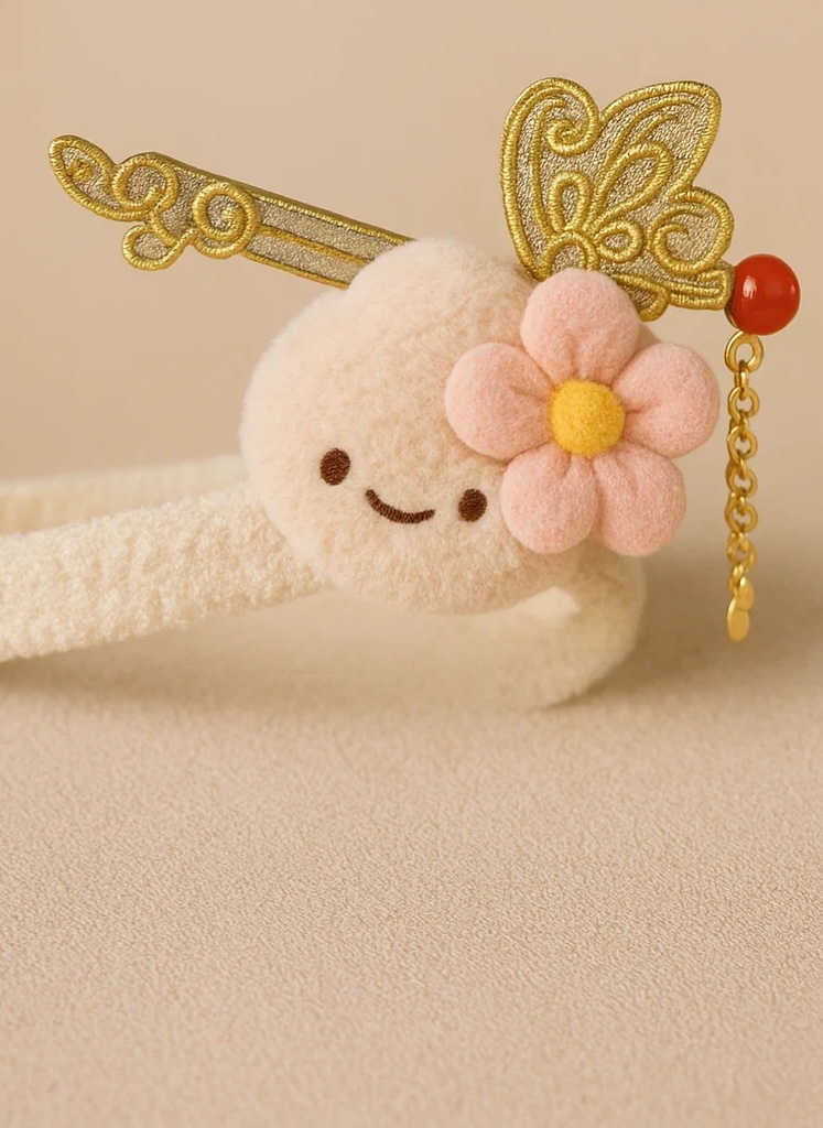 Handmade Baby Headband with Embroidered Gold Hairpin and Plush Flower Accent – Chinese Style Soft Elastic Band