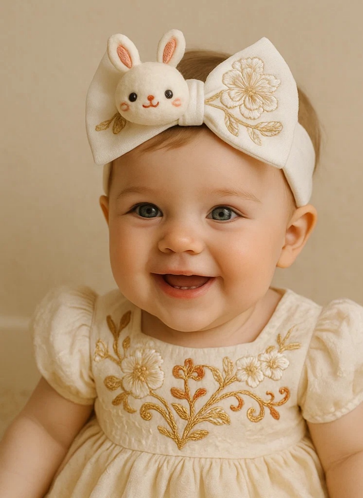 White Bunny Bow Detachable Floral Embroidered Handmade Baby Plush Headband | Traditional Soft Style Hair Accessory