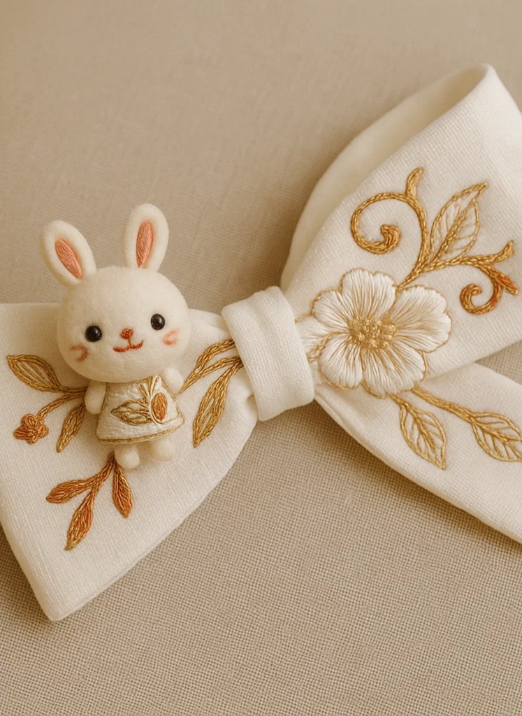 White Bunny Bow Detachable Floral Embroidered Handmade Baby Plush Headband | Traditional Soft Style Hair Accessory