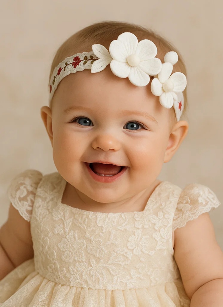 White Detachable Embroidered Floral Baby Headband with Doll – Handmade Newborn Photography Accessory