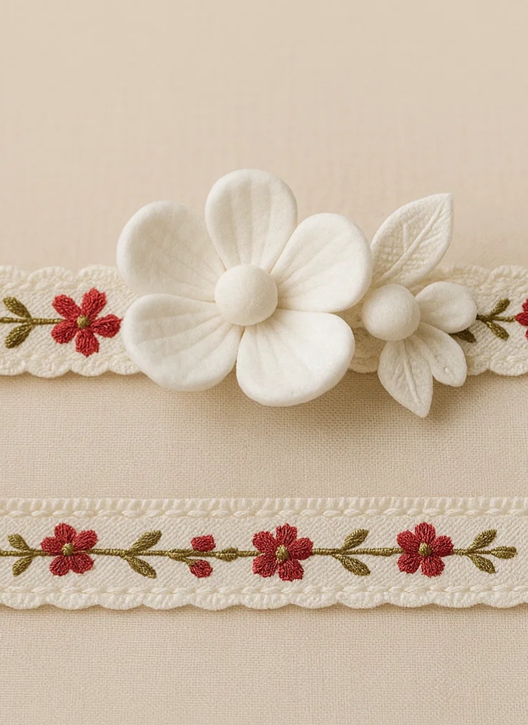 White Detachable Embroidered Floral Baby Headband with Doll – Handmade Newborn Photography Accessory