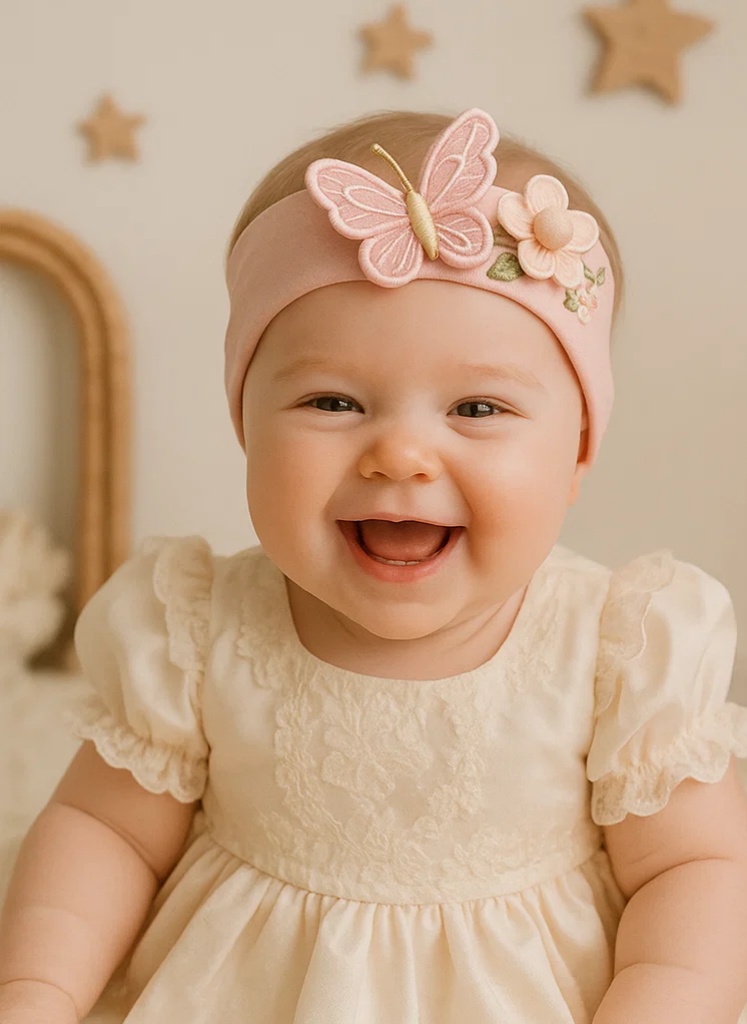 Bentiță brodată cu fluture pentru bebeluși – Moale și elegantă pentru fetițe nou-născute