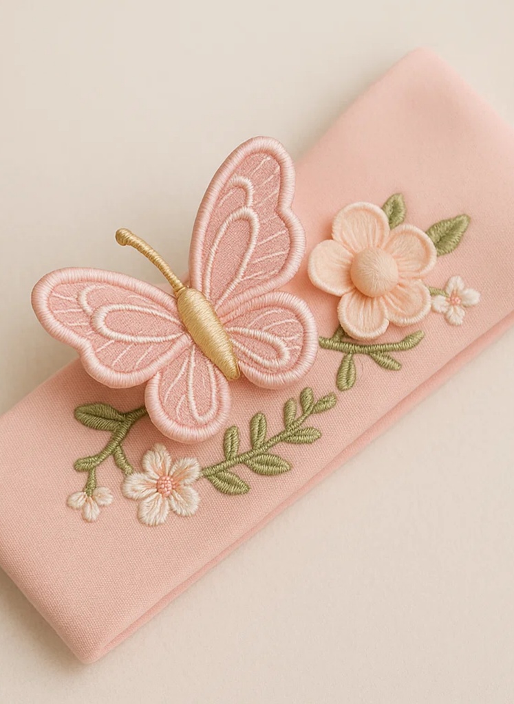 Bentiță brodată cu fluture pentru bebeluși – Moale și elegantă pentru fetițe nou-născute