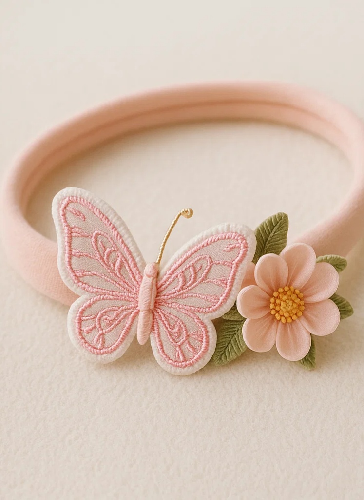 Faixa de Cabelo Bebê Bordada com Borboletas – Suave e Elegante para Meninas Recém-Nascidas