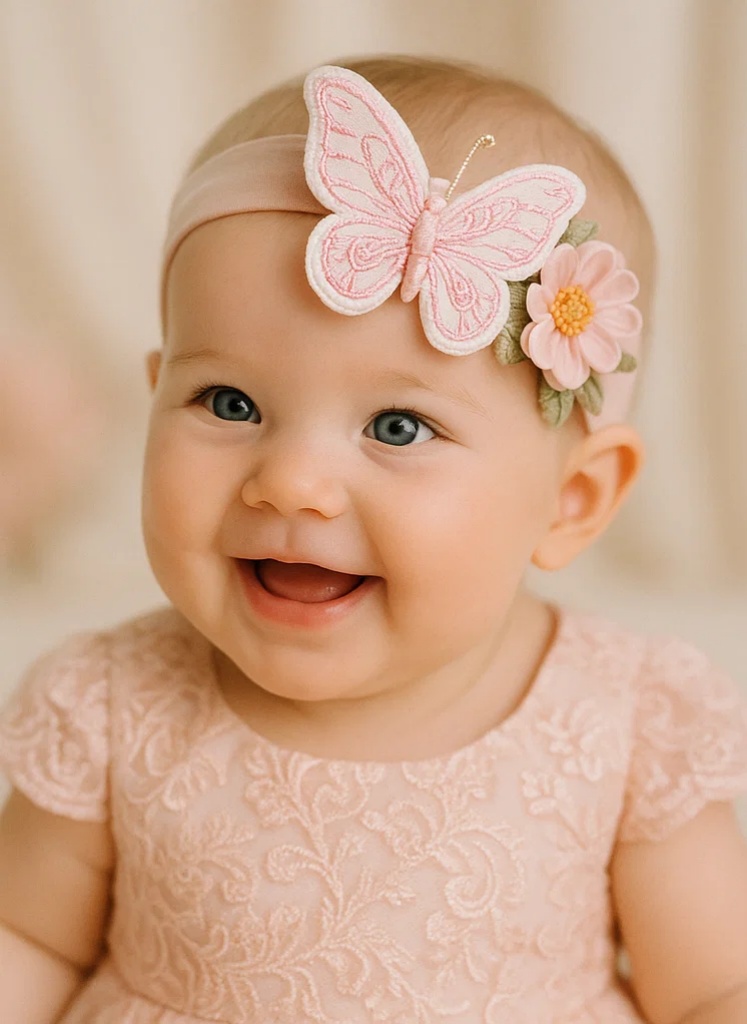 Faixa de Cabelo Bebê Bordada com Borboletas – Suave e Elegante para Meninas Recém-Nascidas