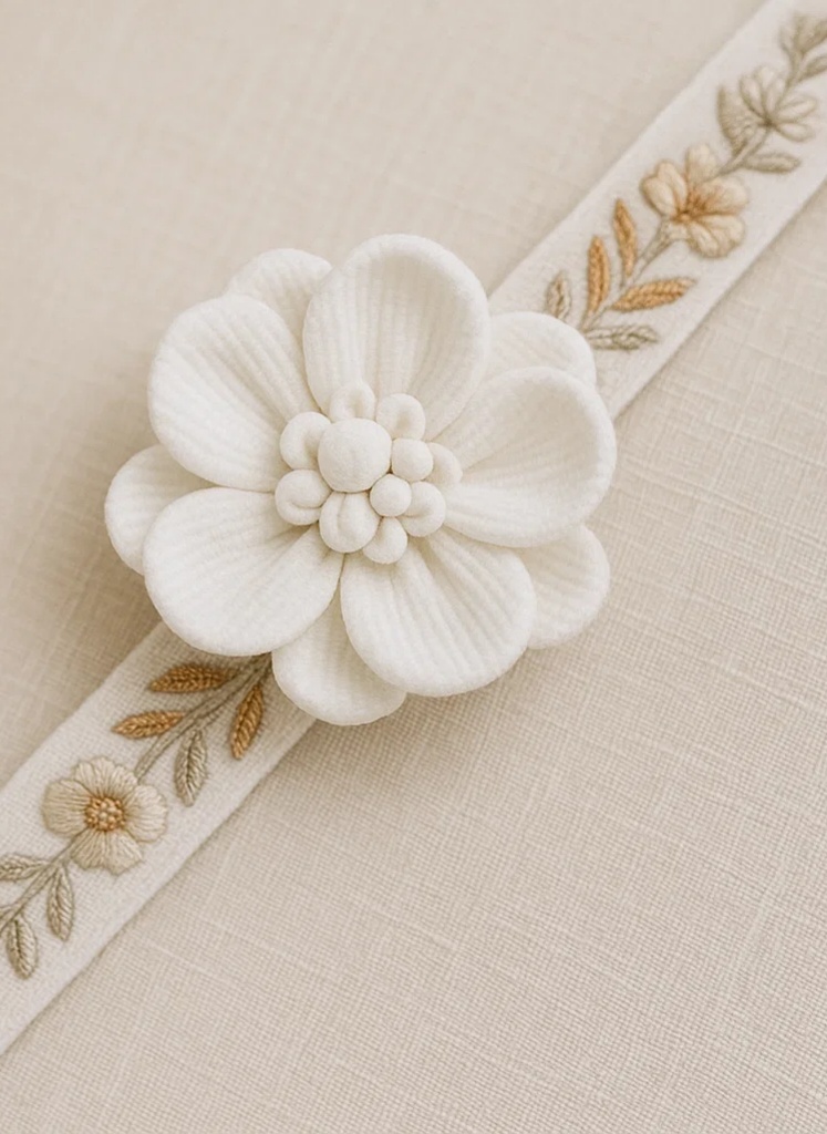 White Detachable Embroidered Floral Baby Plush Headband – Soft Oriental Handmade Hair Accessory