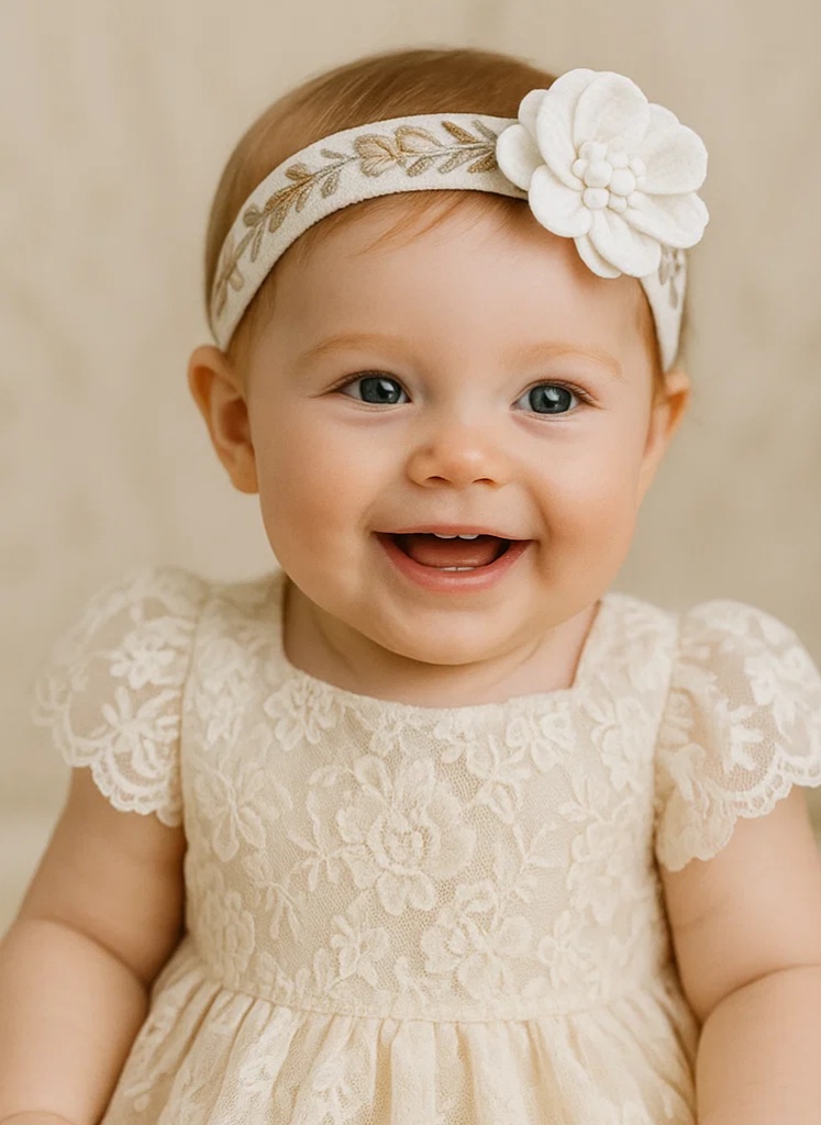 White Detachable Embroidered Floral Baby Plush Headband – Soft Oriental Handmade Hair Accessory