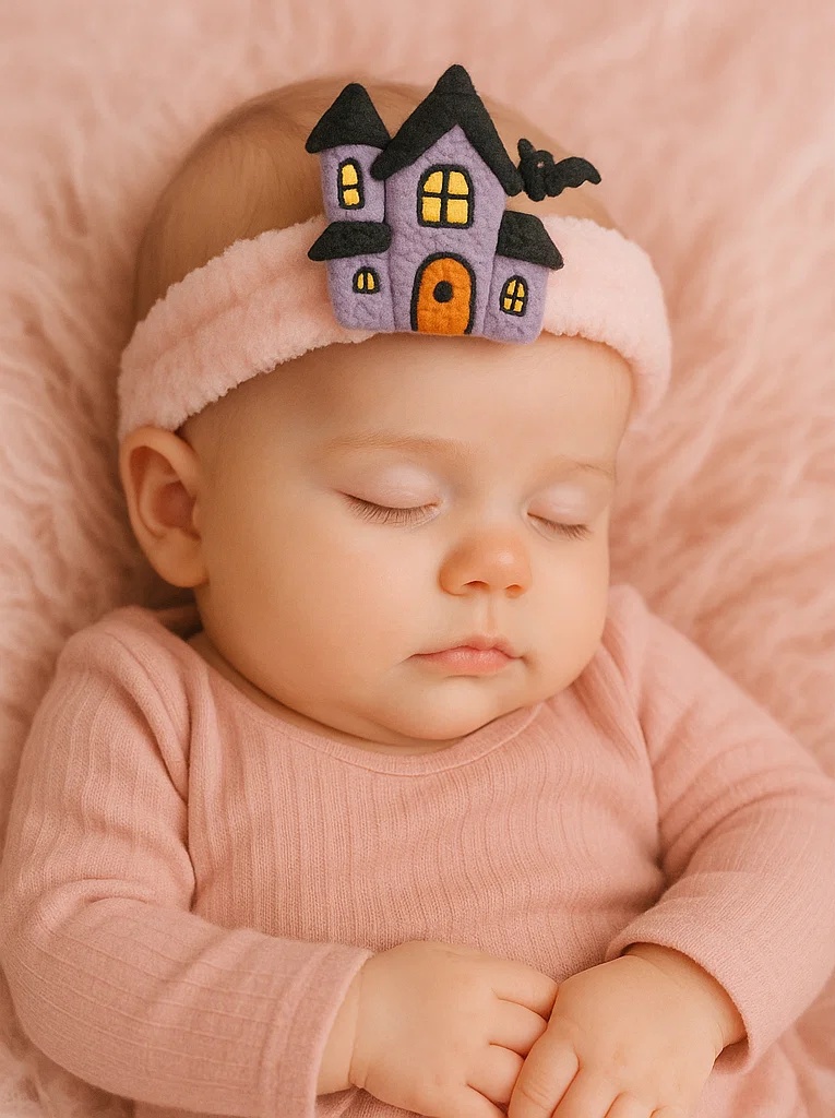 Plyšová čelenka pro miminka – Strašidelný dům design