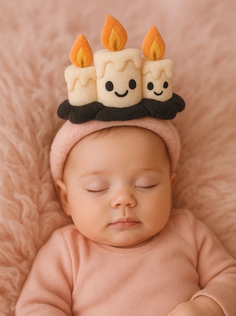 Plyšová čelenka pro miminka – Design narozeninové svíčky