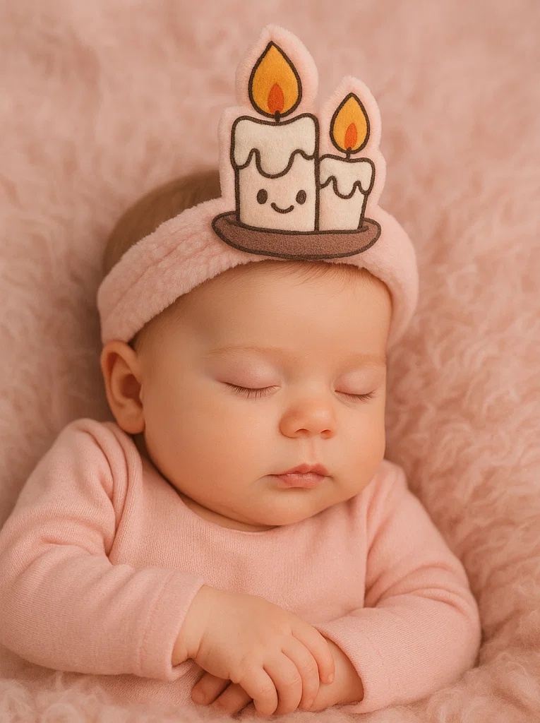 Faixa de Pelúcia para Bebê – Design de Vela de Aniversário