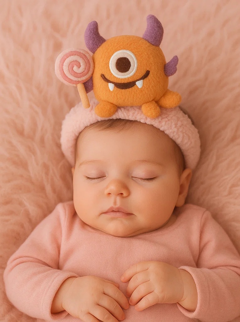 Baby Halloween Headband – Cute Orange Monster with Candy