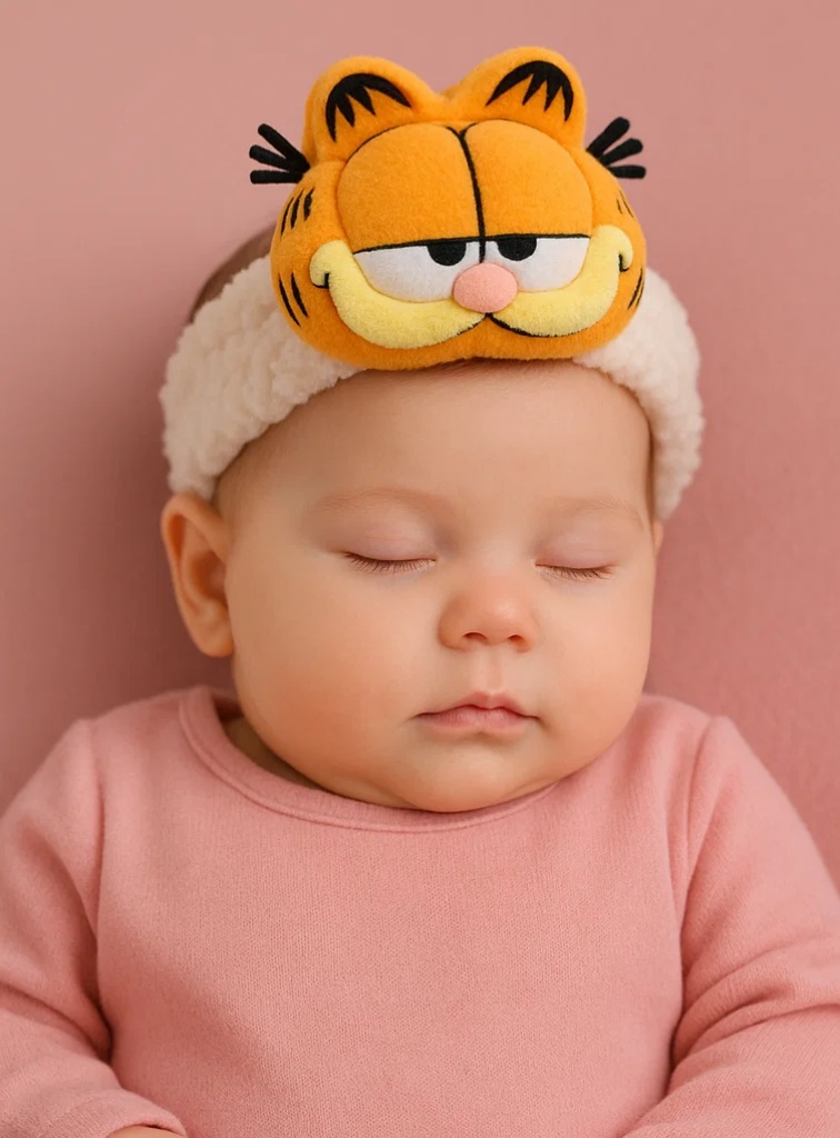 Plyšová čelenka Garfield pro miminka – Měkká čelenka s kreslenou kočkou pro novorozence a kojence