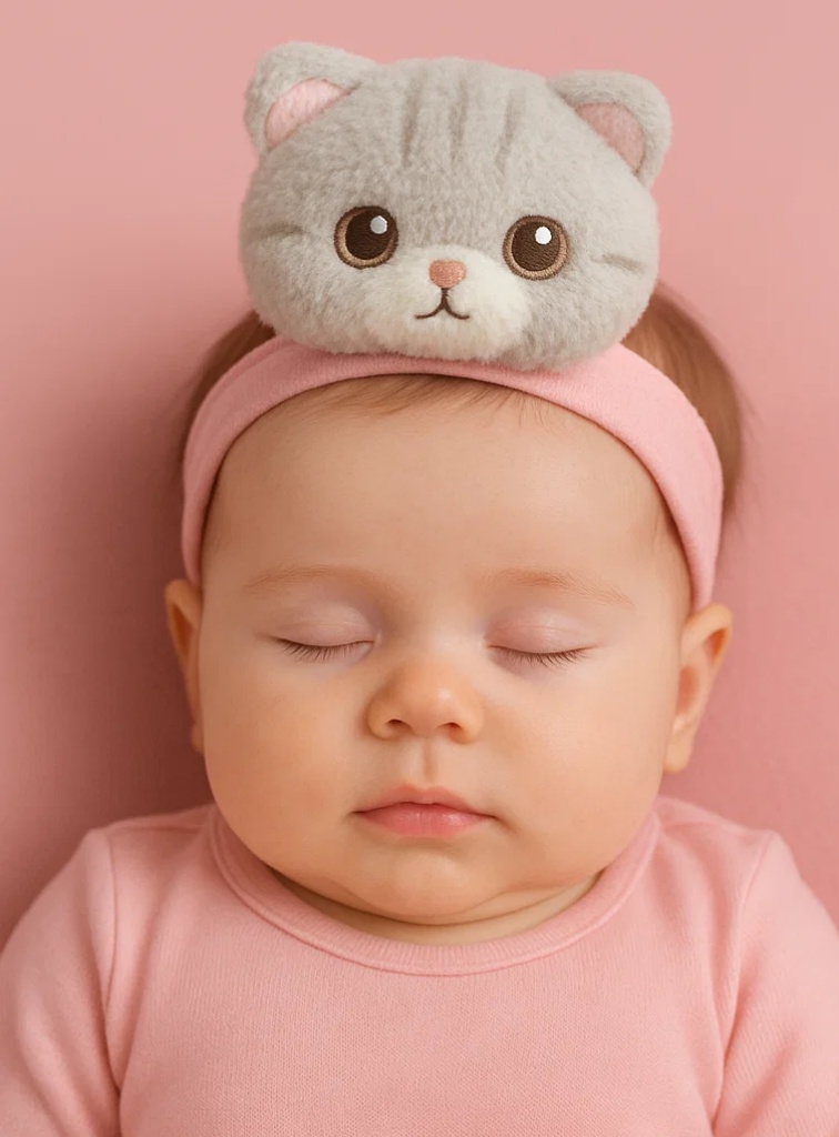 Cute Grey Cat Plush Baby Headband – Soft Cartoon Animal Hairband for Newborns & Infants